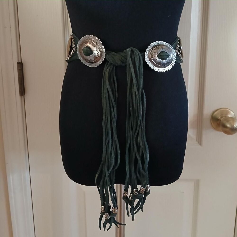 Vintage southwestern style concho belt w silver-tone conchos suede tassel straps - Picture 2 of 7